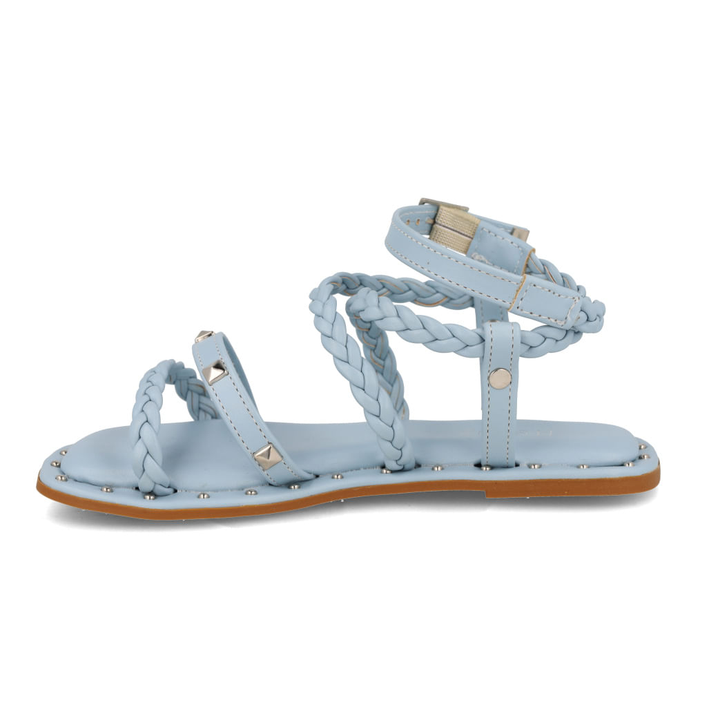 Sandália Rasteira M Shuz Kids Tiras Trançadas Infantil Azul lado esquerdo azul aqua com tiras trançadas e tachas metálicas
