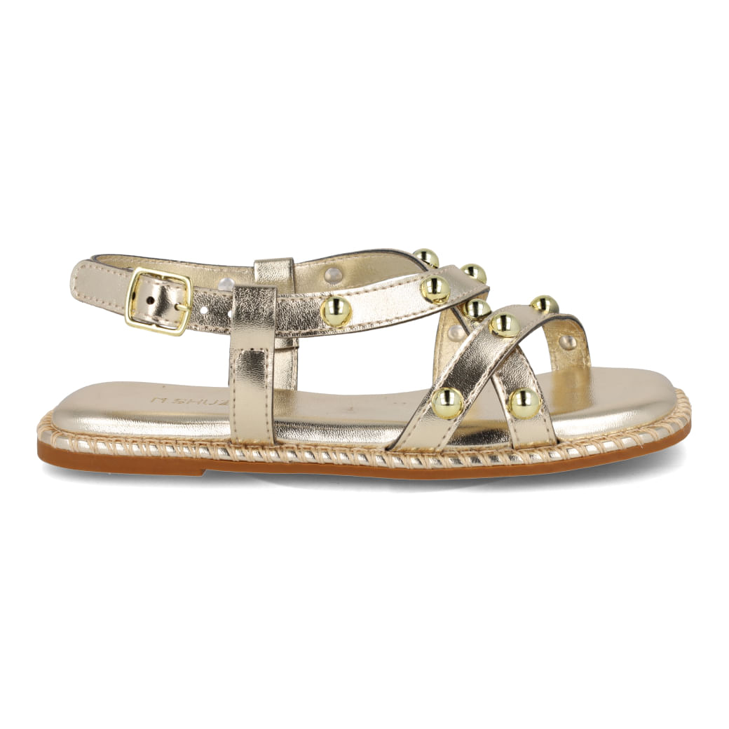Sandália Rasteira M Shuz Kids Spike Infantil Dourada com tiras cruzadas e tachas douradas