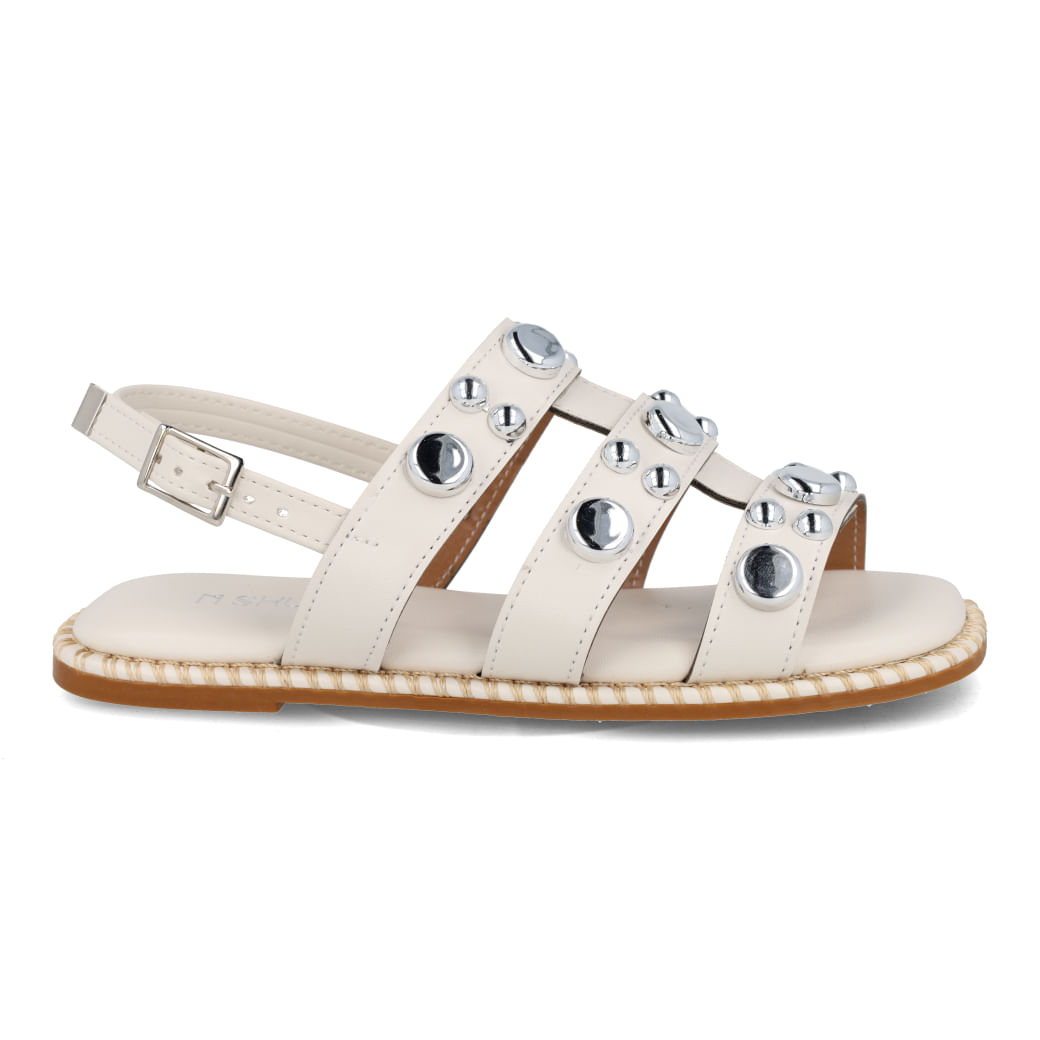 Sandália Rasteira M Shuz Kids Soft Spike Infantil Off White com botões prateados e alça com fivela