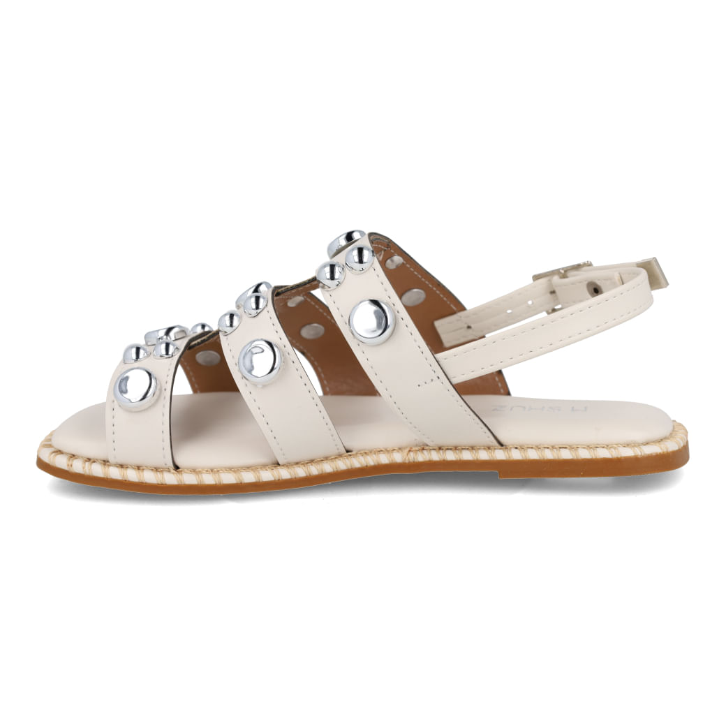 Sandália Rasteira M Shuz Kids Soft Spike Infantil Off White com botões prateados, vista lateral direita