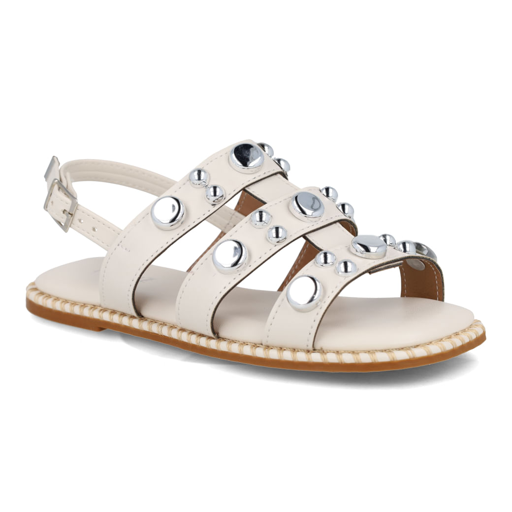 Sandália casual infantil feminina off white com botões prateados vista frontal direita