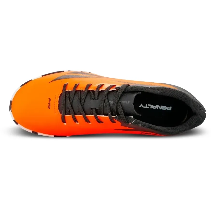 Vista superior da chuteira Penalty Fúria Y-3 masculina campo laranja com cadarço preto