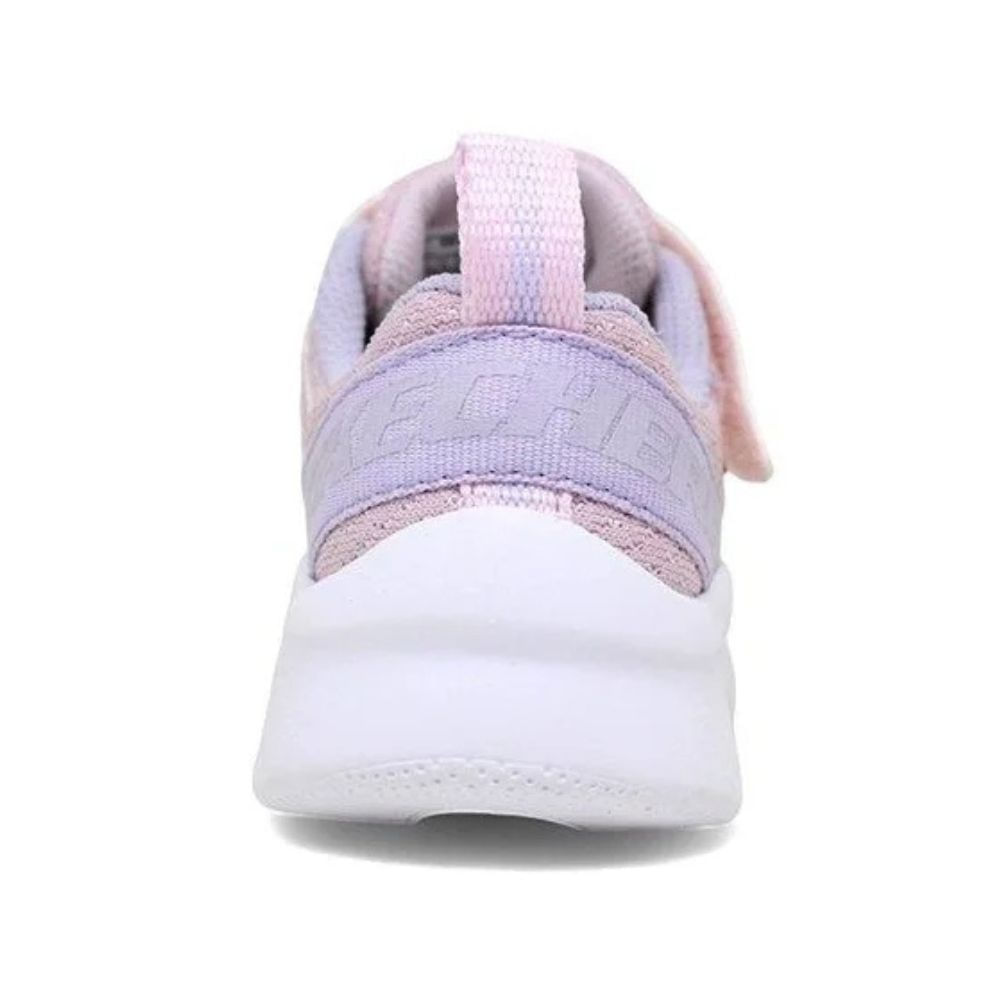 Tênis infantil rosa Skechers vista lateral mostrando conforto e ajuste com velcro