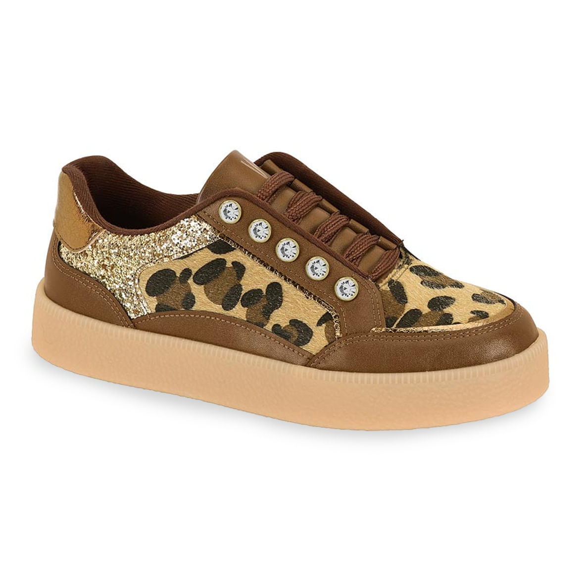 Imagem lateral completa do tênis casual feminino Vizzano com estampa pelo onça