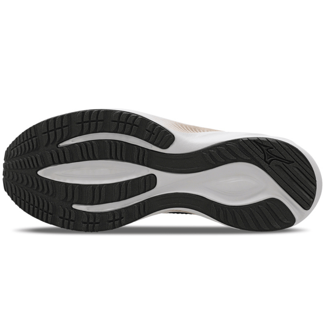Sola antiderrapante do tênis Mizuno Glow 2 feminino preto e branca.