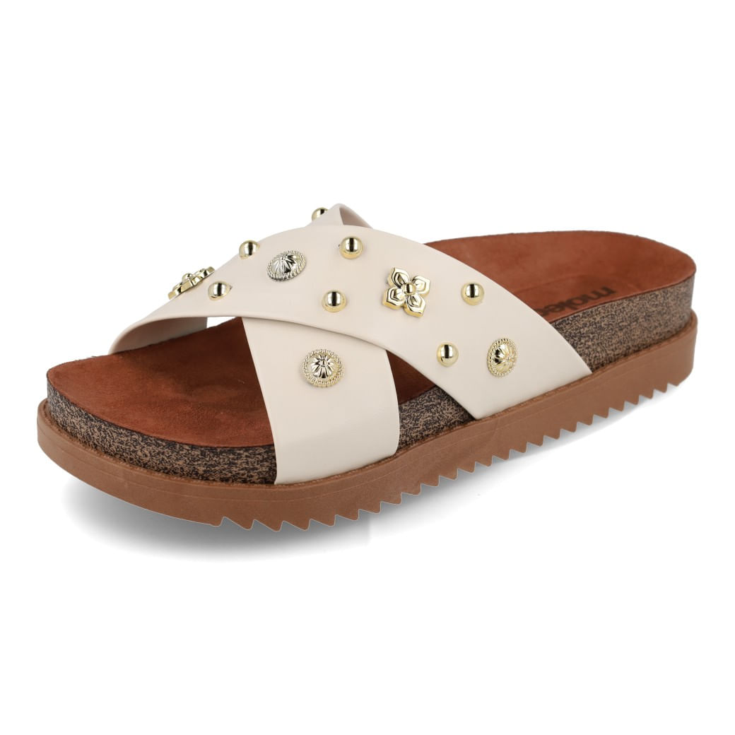 Close tamanco casual feminino branco off com detalhes dourados nas tiras cruzadas, marca Moleca