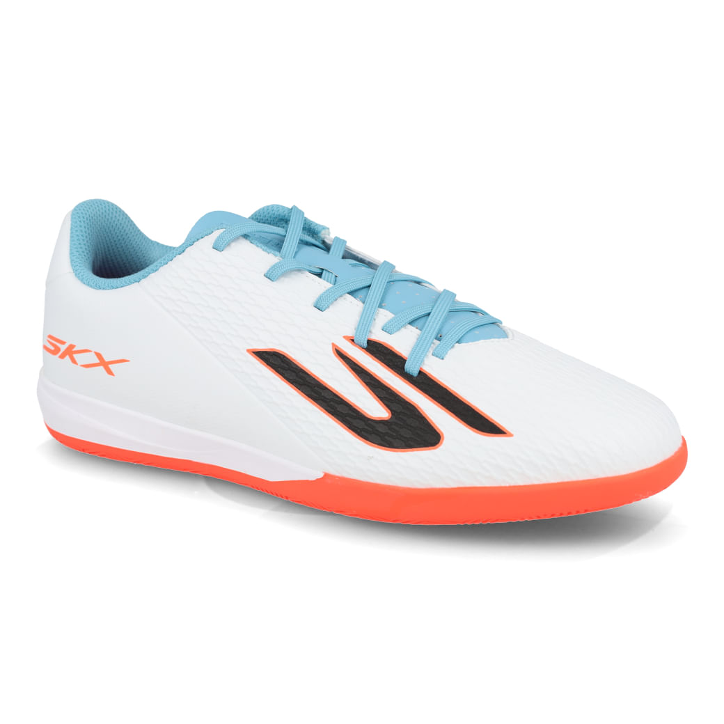 Chuteira infantil futsal Skechers SKX 2 Jr Youth branca com turquesa e rosa, vista frontal lateral esquerda