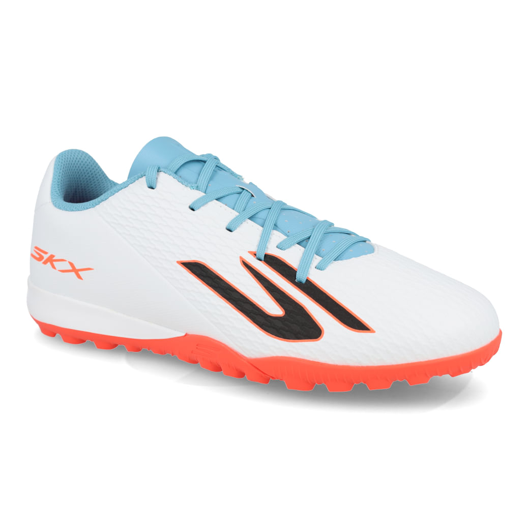 Chuteira infantil Skechers SKX 2 JR Youth branca com azul turquesa e solado laranja vista lateral frontal