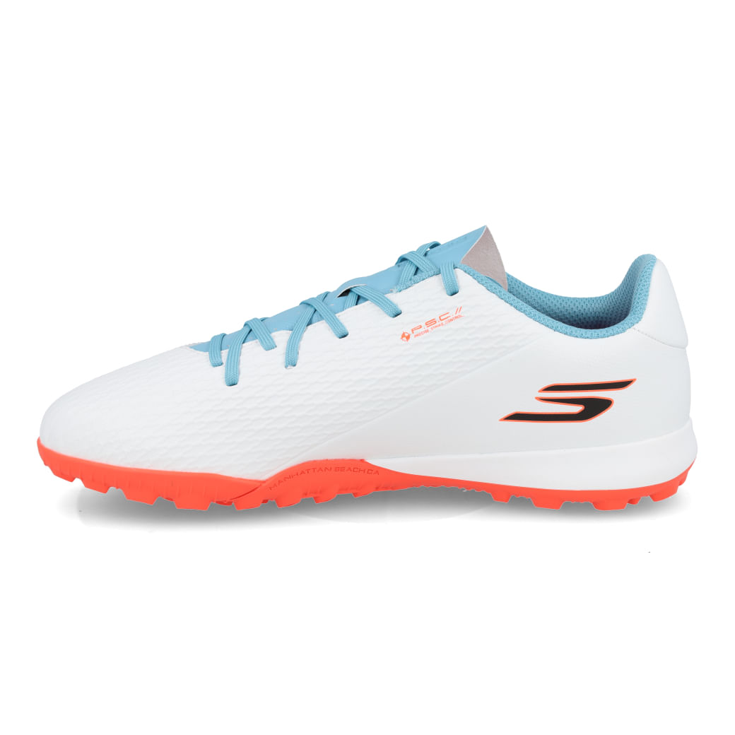Chuteira infantil Skechers SKX 2 JR Youth branca com detalhes em azul turquesa e solado laranja vista lateral interna