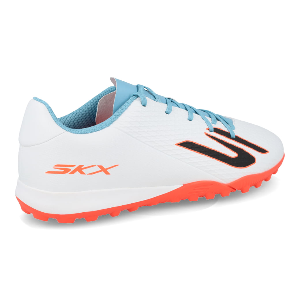 Chuteira infantil Skechers SKX 2 JR Youth branca com azul turquesa e solado laranja vista lateral externa