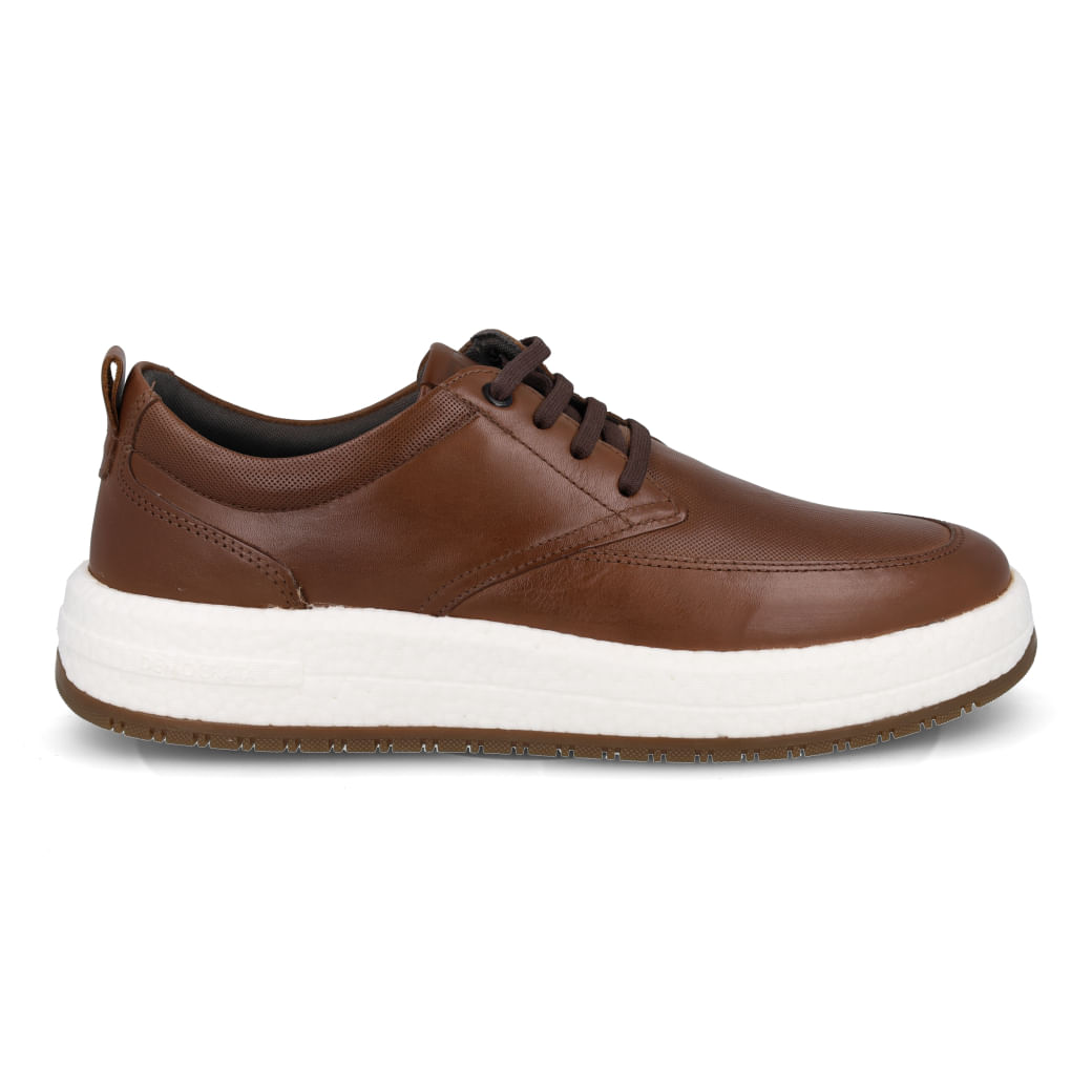 Tênis casual masculino Democrata Drake conhaque em couro com solado branco e cadarços marrons, vista lateral direita