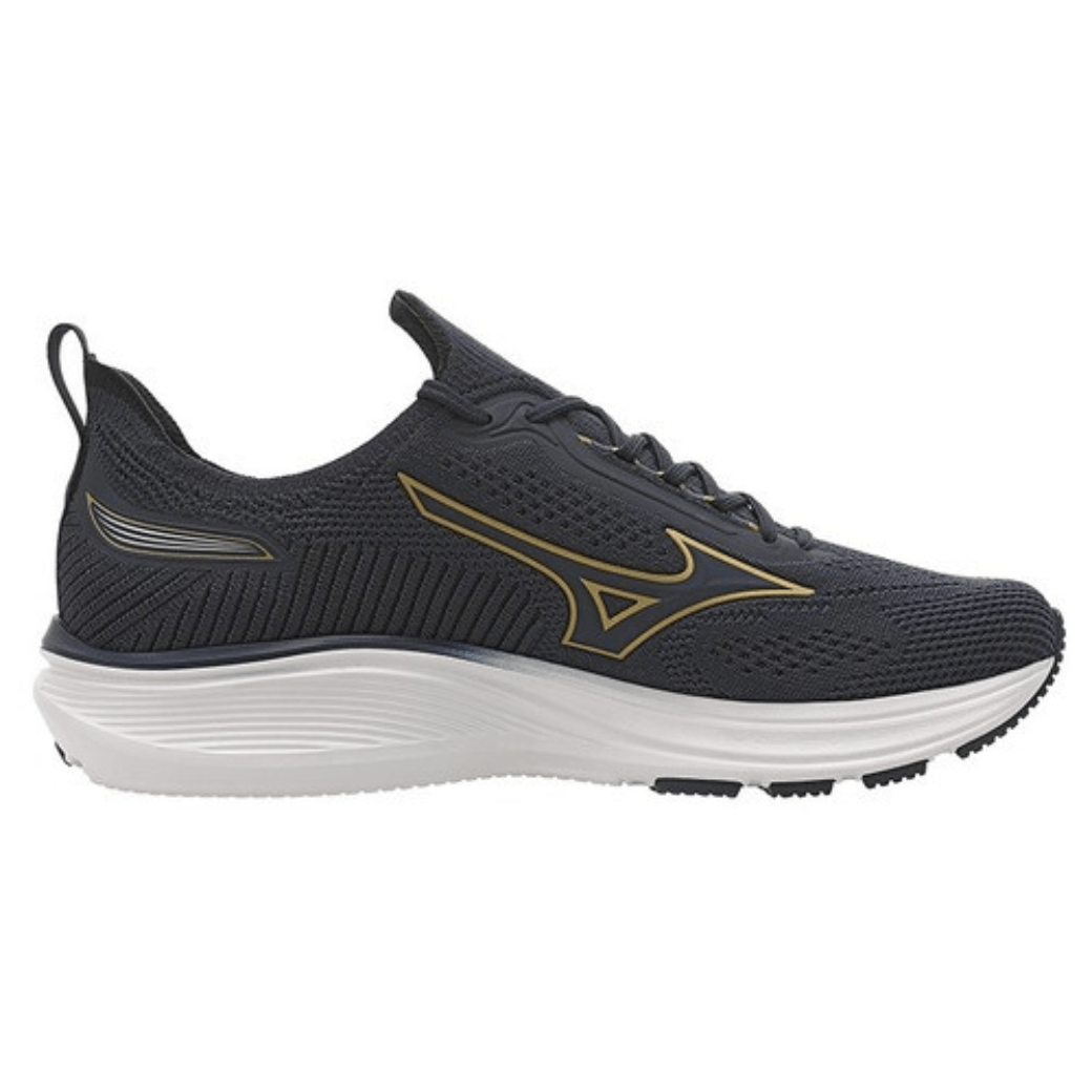 Tênis Mizuno Cool Ride 3 marinho vista lateral direita com cabedal em knit, detalhes dourados e solado branco com base preta