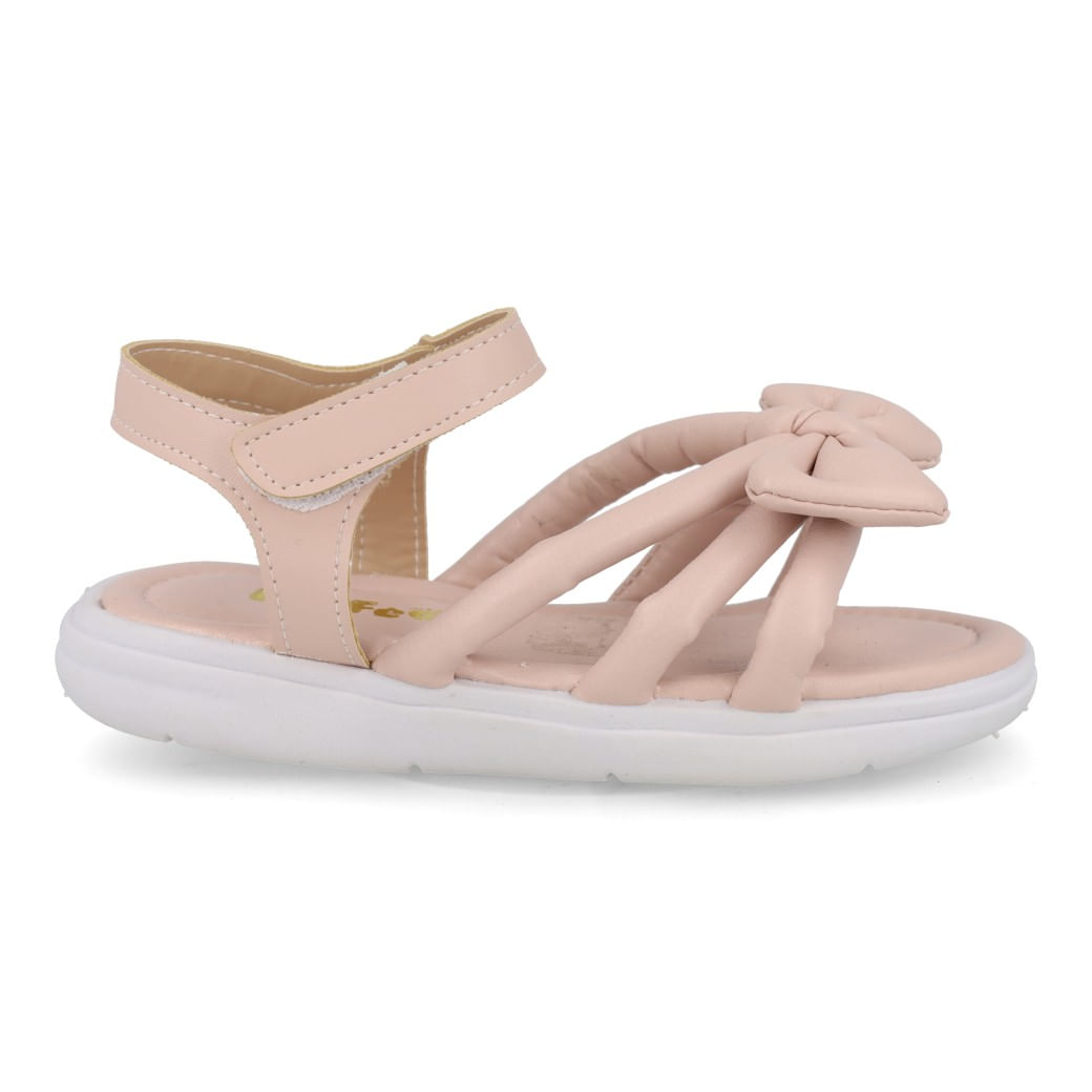 Sandália infantil Funfeet nude vista lateral com tiras acolchoadas, laço frontal e fechamento em velcro