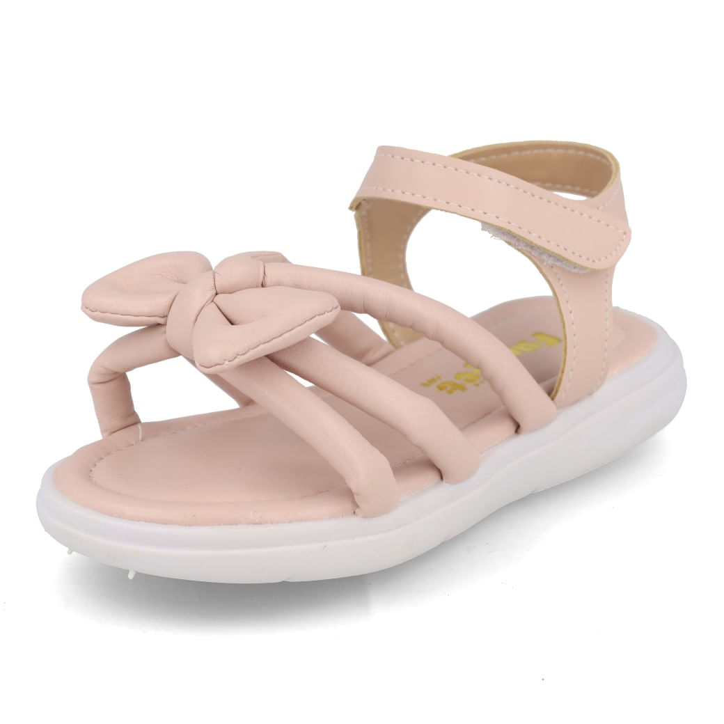 Sandália Funfeet nude vista em ângulo mostrando design acolchoado e solado branco antiderrapante