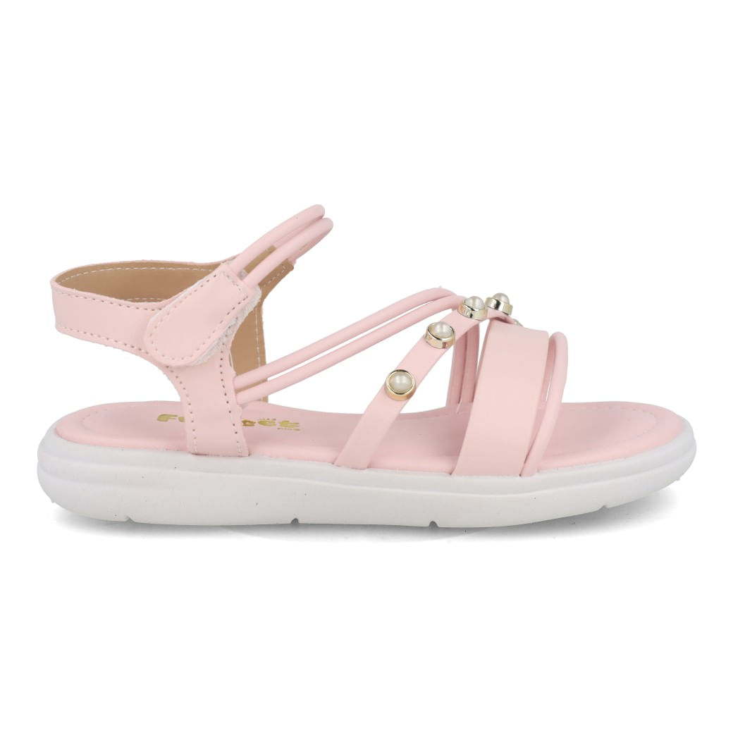 Sandália infantil nude FunFeet vista lateral direita com tiras finas, botões prateados com pérolas e solado branco anatômico