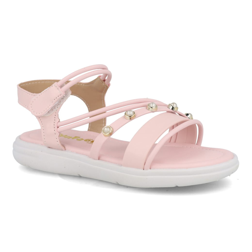 Sandália infantil FunFeet nude vista frontal com tiras decorativas e solado branco