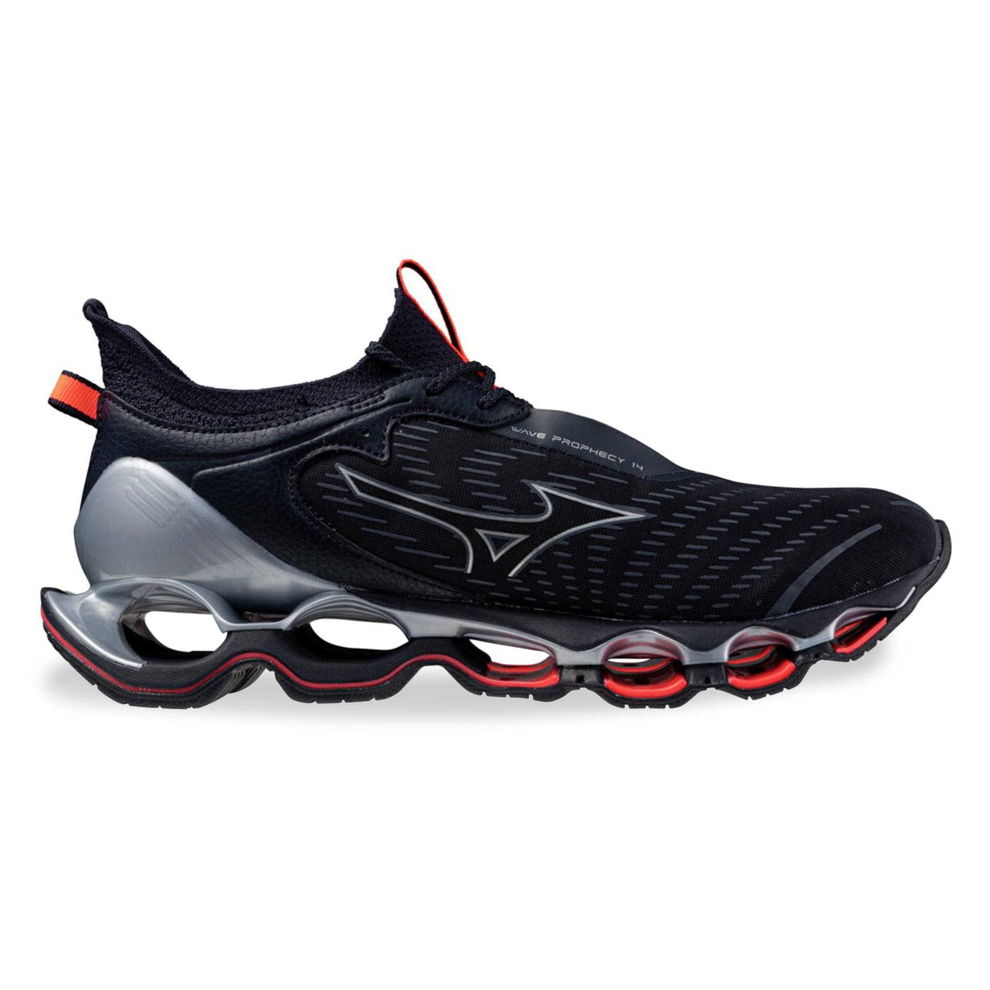 Tênis Mizuno Wave Prophecy 14 masculino preto com entressola prateada e detalhes em vermelho