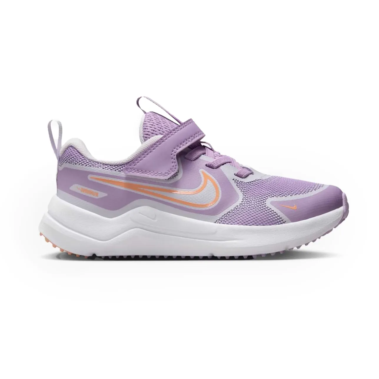 Tênis infantil Nike lilás com detalhes em laranja e branco, vista lateral direita, cabedal em mesh respirável, fechamento com velcro e cadarço elástico decorativo
