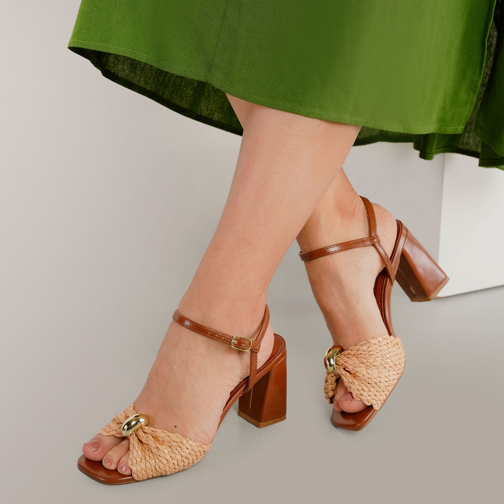 Sandália Salto Bloco OSC Tira Trançada Feminina Marrom Oscar