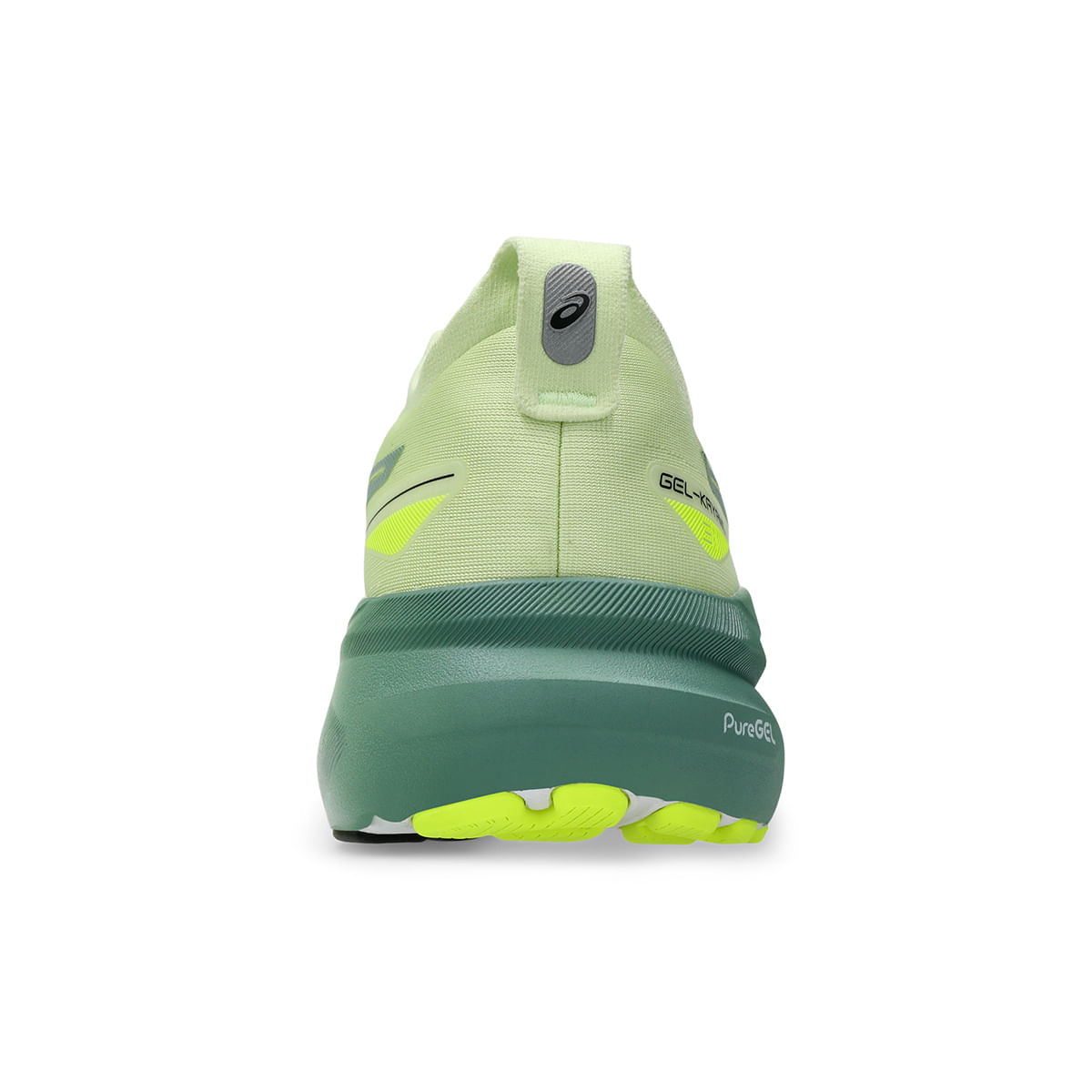 Vista traseira do Tênis Asics Gel-Kayano 31 Cool masculino verde mostrando pull-tab e entressola PureGEL