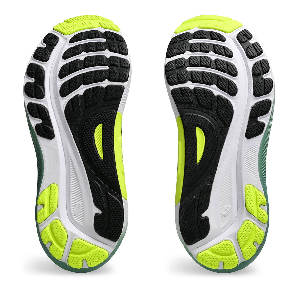 Vista das solas antiderrapantes do Tênis Asics Gel-Kayano 31 Cool masculino verde com blocos de tração e ranhuras flexíveis