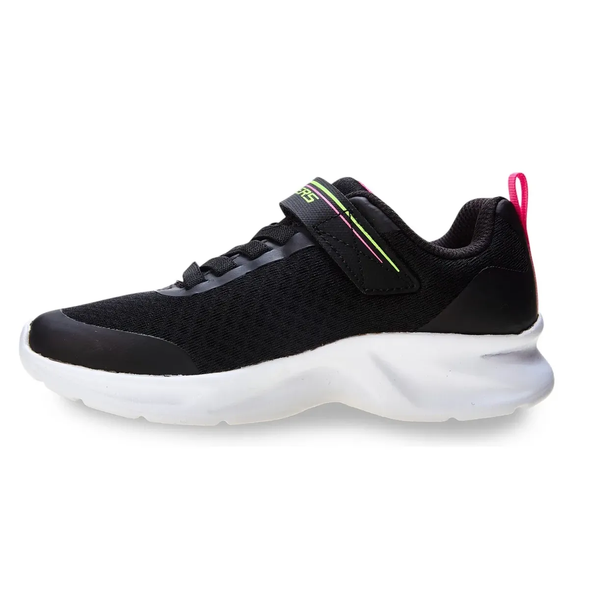 Tênis Skechers Dynamatic infantil visto lateral esquerdo mostrando mesh respirável, tira de velcro e solado branco ondulado