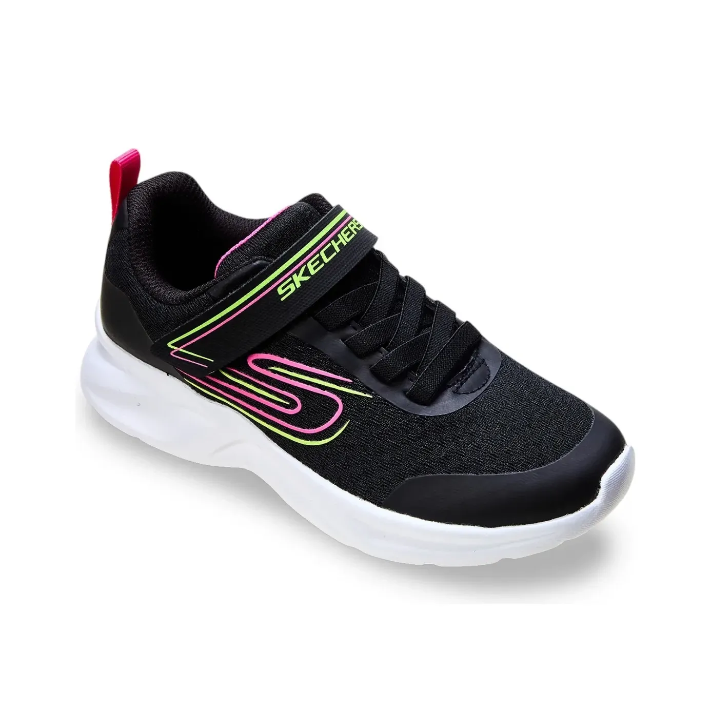 Vista superior do tênis Skechers Dynamatic Infantil preto mostrando detalhes do cabedal em mesh e fechamento adaptativo