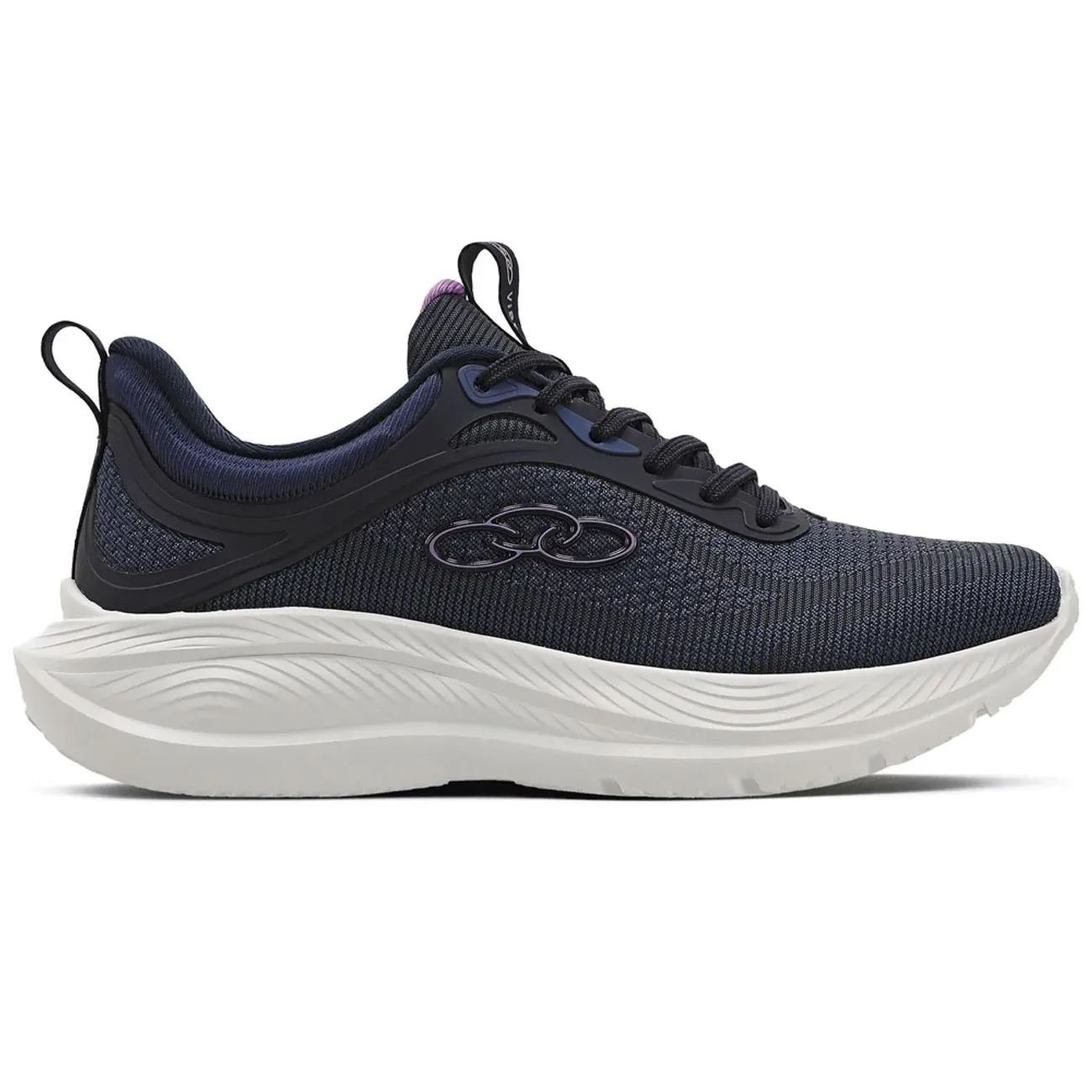Tênis esportivo feminino Olympikus Vibe na cor marinho, com detalhes em preto e branco, design moderno e solado branco