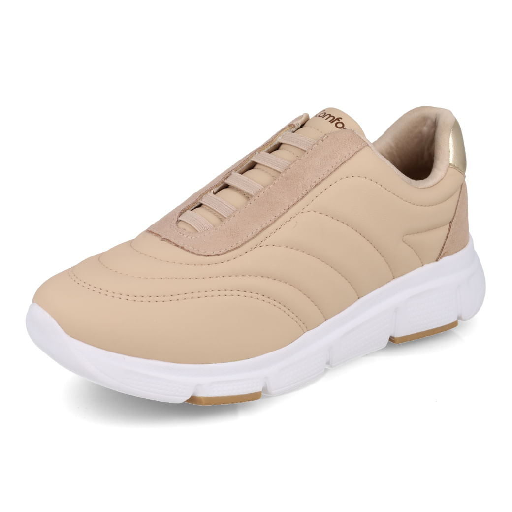 Tênis Comfortflex casual feminino almond vista superior mostrando design flexível e confortável