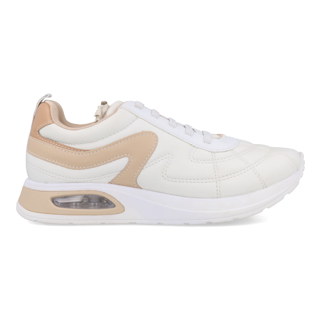 Tênis feminino branco Comfortflex com detalhes bege, material sintético e design acolchoado, vista lateral direita