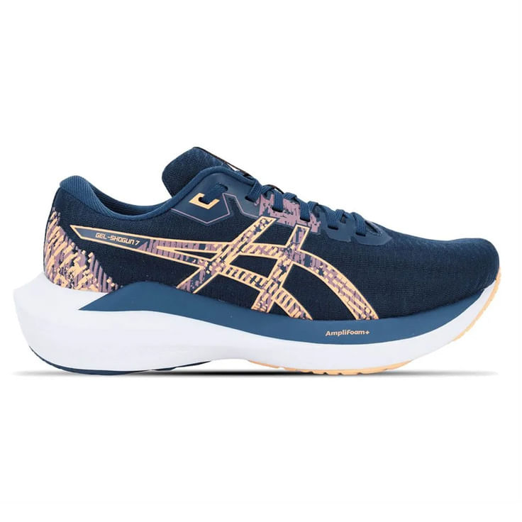 Tênis Asics Gel-Shogun 7 feminino marinho com detalhes laranja, vista lateral direita