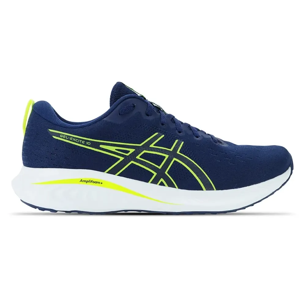 Tênis ASICS Gel-Excite 10 lateral direito azul marinho com detalhes amarelo safety, entressola branca e cadarços
