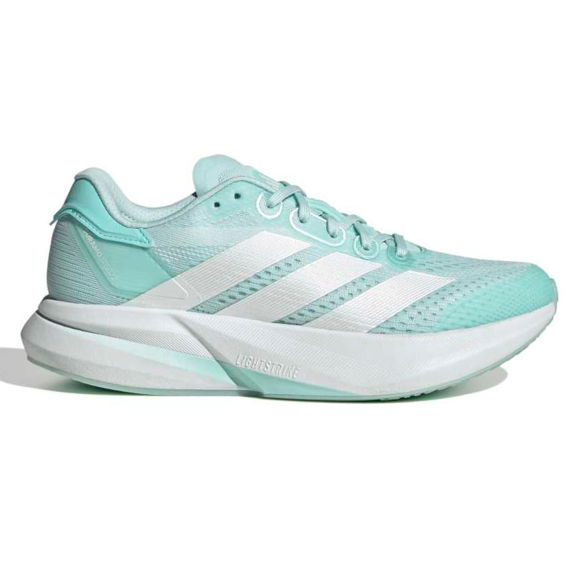 Tênis running Adidas Duramo Speed verde feminino, perfil lateral direito mostrando design em malha e sola branca