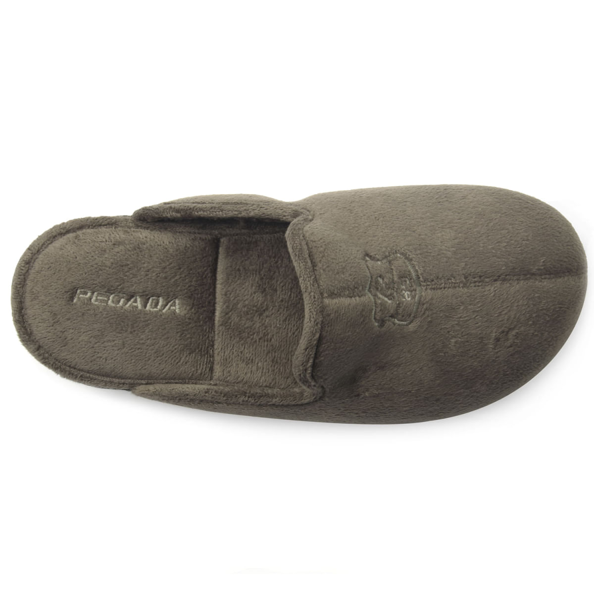 Pantufa masculina Pegada vista superior destacando tecido felpudo e bordado da marca