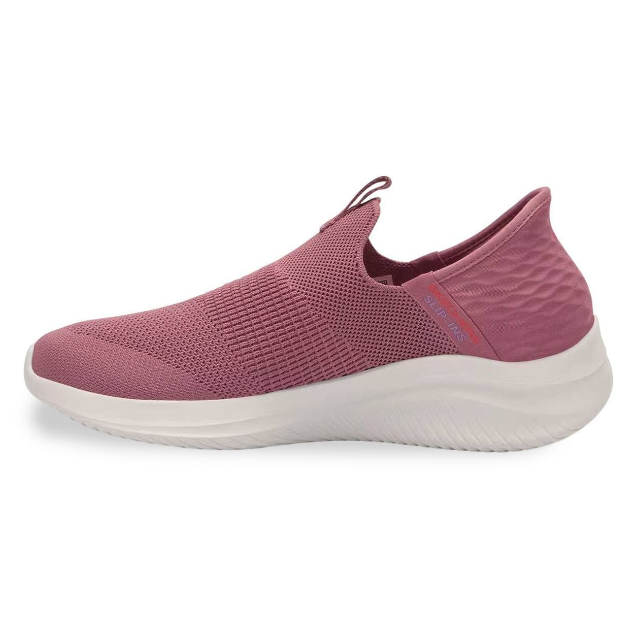 Tênis Skechers Ultra Flex 3.0 feminino na cor malva escuro, vista lateral com solado branco em EVA