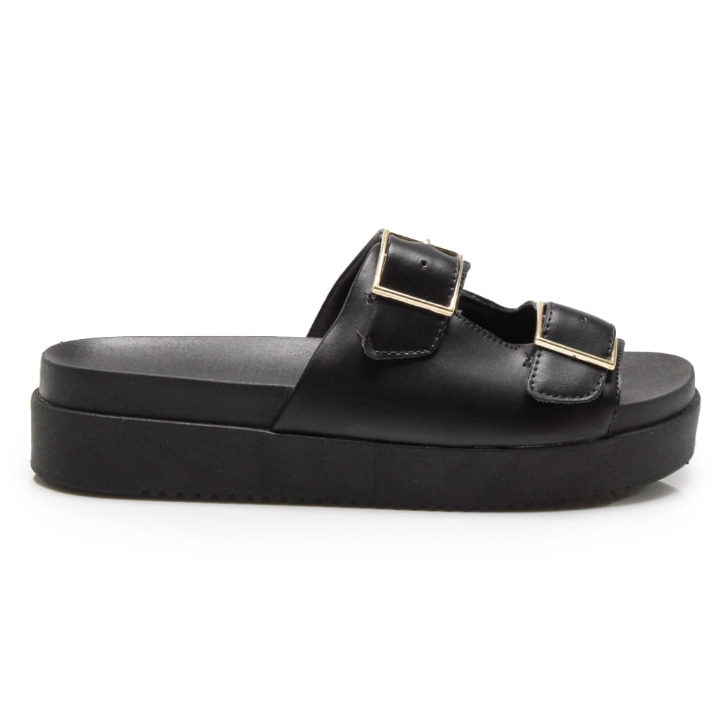 Tamanco casual feminino preto CALCADOS vista lateral direita com tiras largas em napa e fivela dourada ajustável