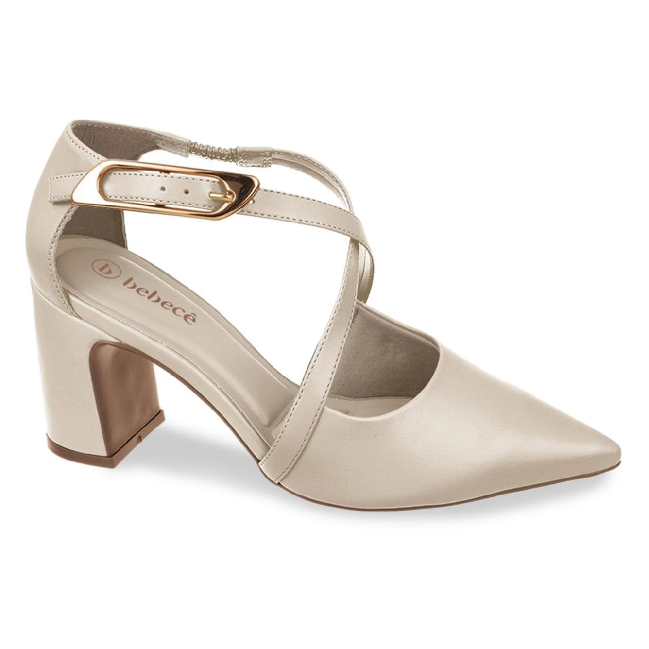 Scarpin feminino Bebecê bege com salto bloco médio e tiras cruzadas, ideal para ocasiões formais.