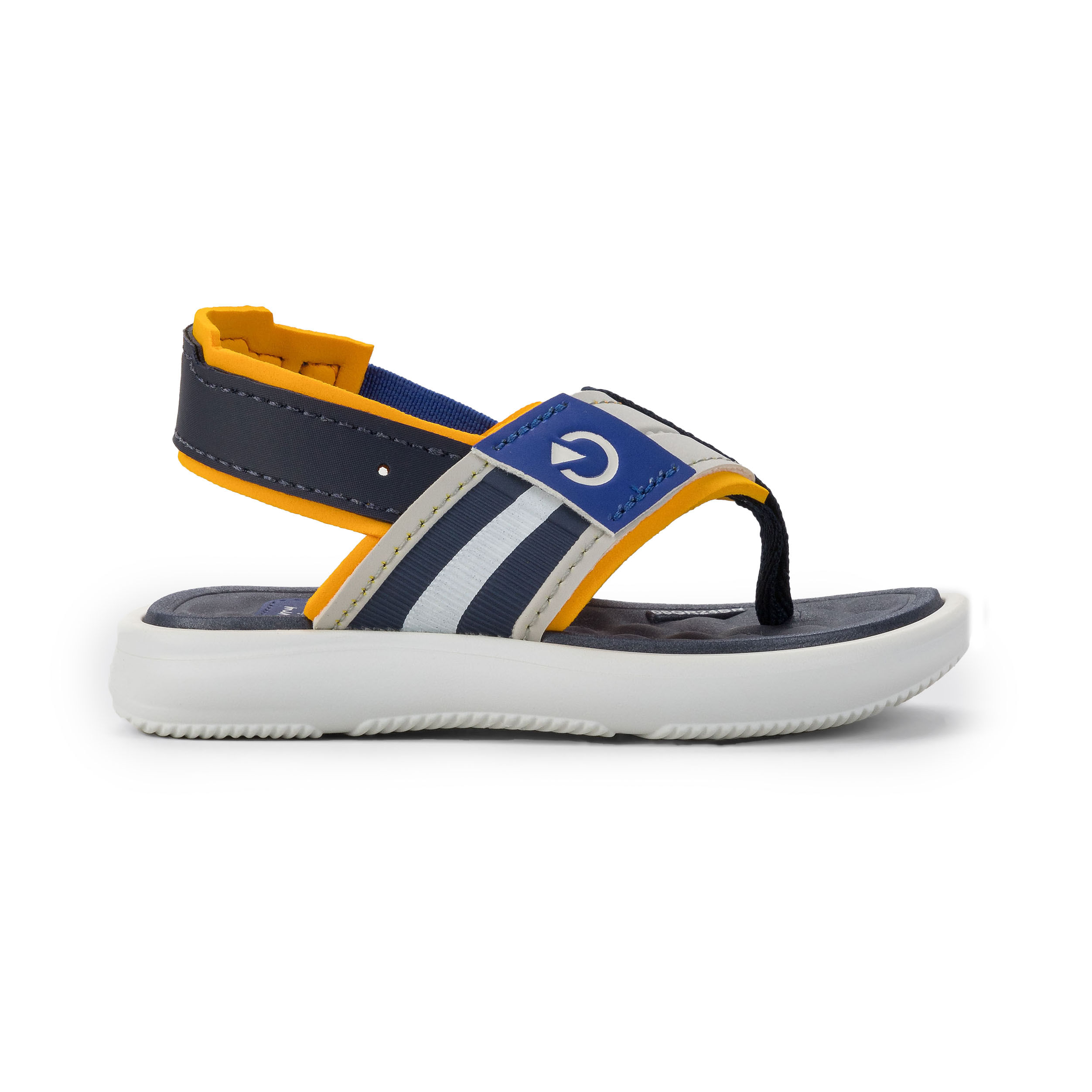 Chinelo infantil masculino Grendene Cartago Mini II branco com detalhes em cinza e laranja, tiras largas e solado antiderrapante