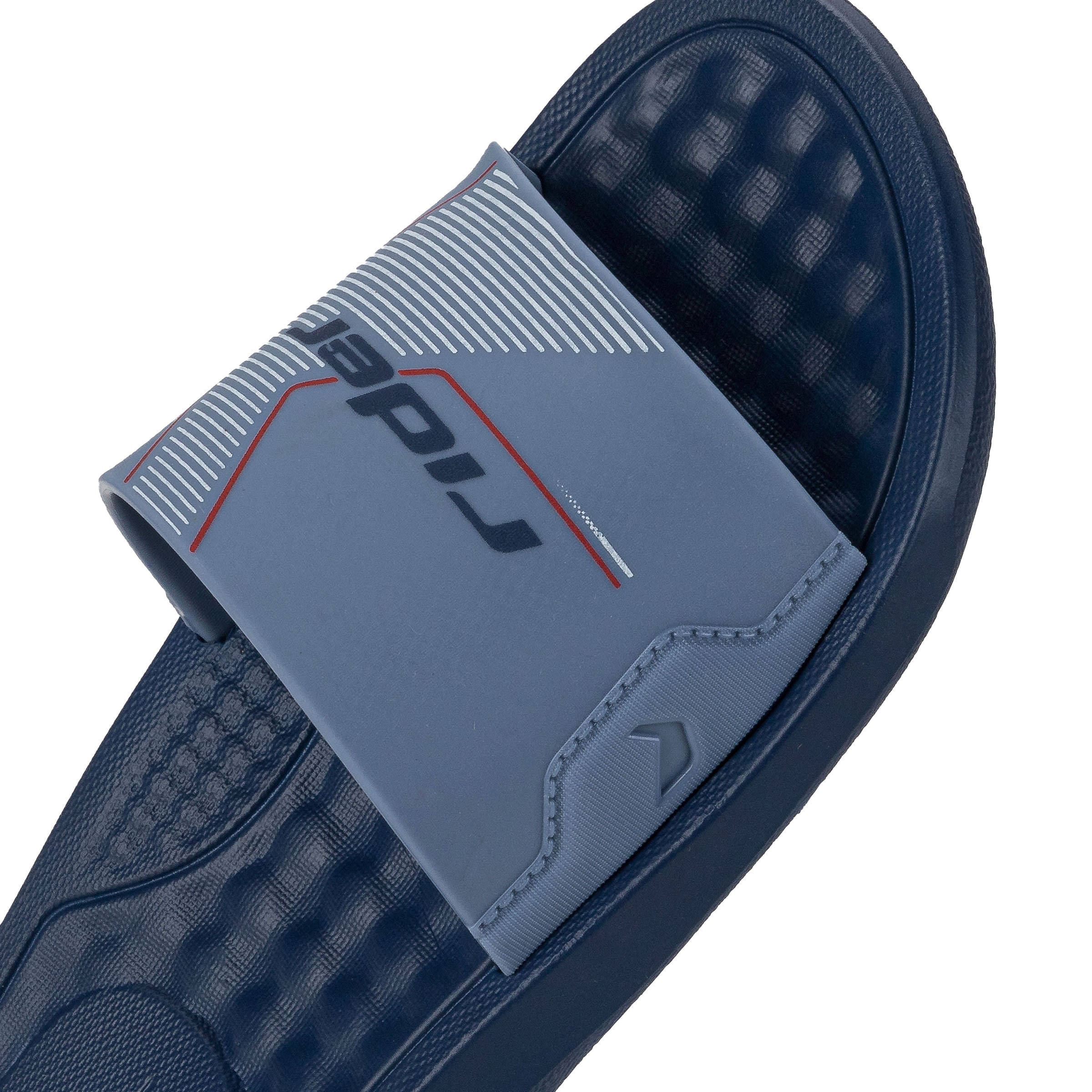 Chinelo masculino infantil Grendene Rider Step azul com detalhes vermelhos e brancos, em borracha com palmilha texturizada para conforto
