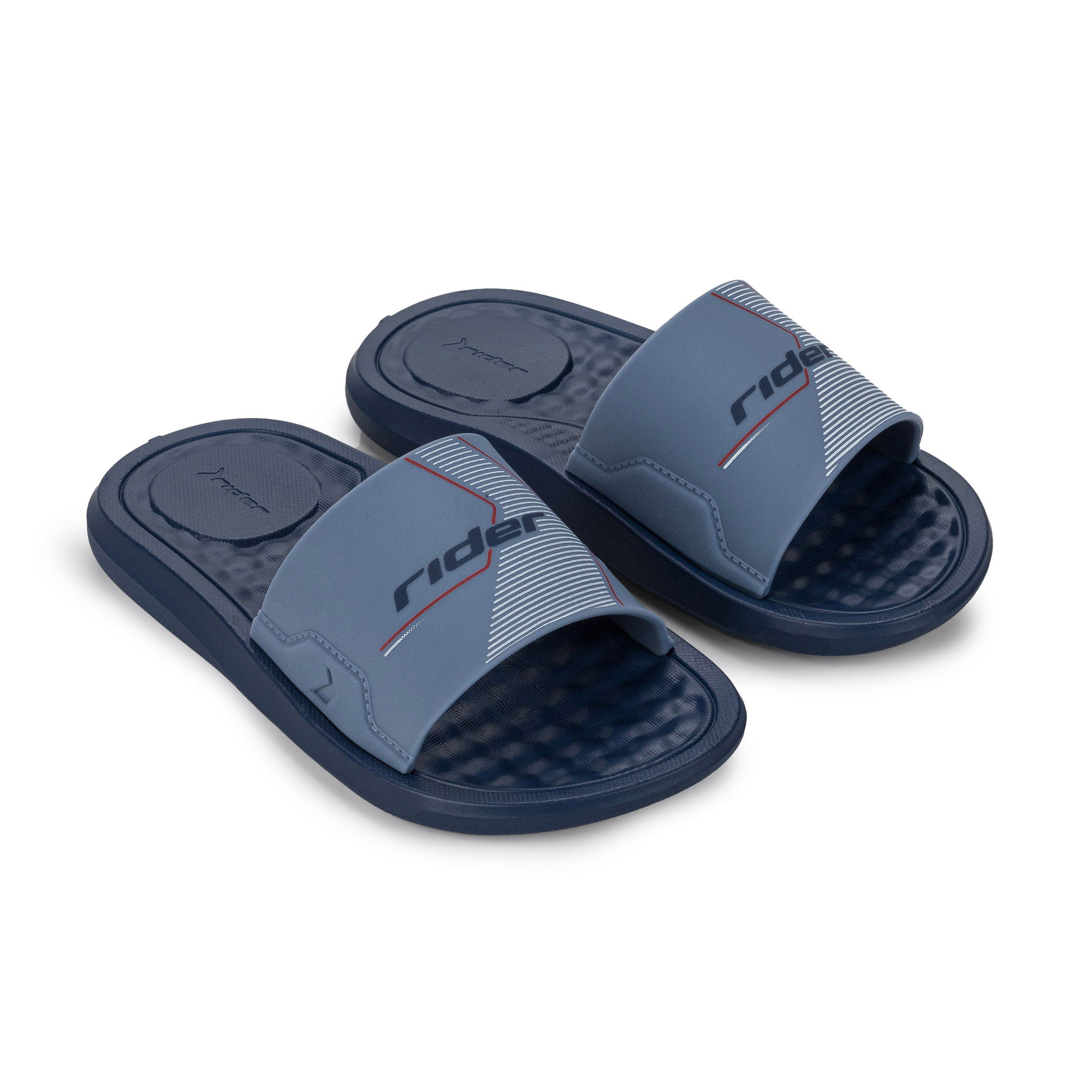 Par de chinelos masculinos infantis Grendene Rider Step azul com logo 'rider' e detalhes em vermelho e branco