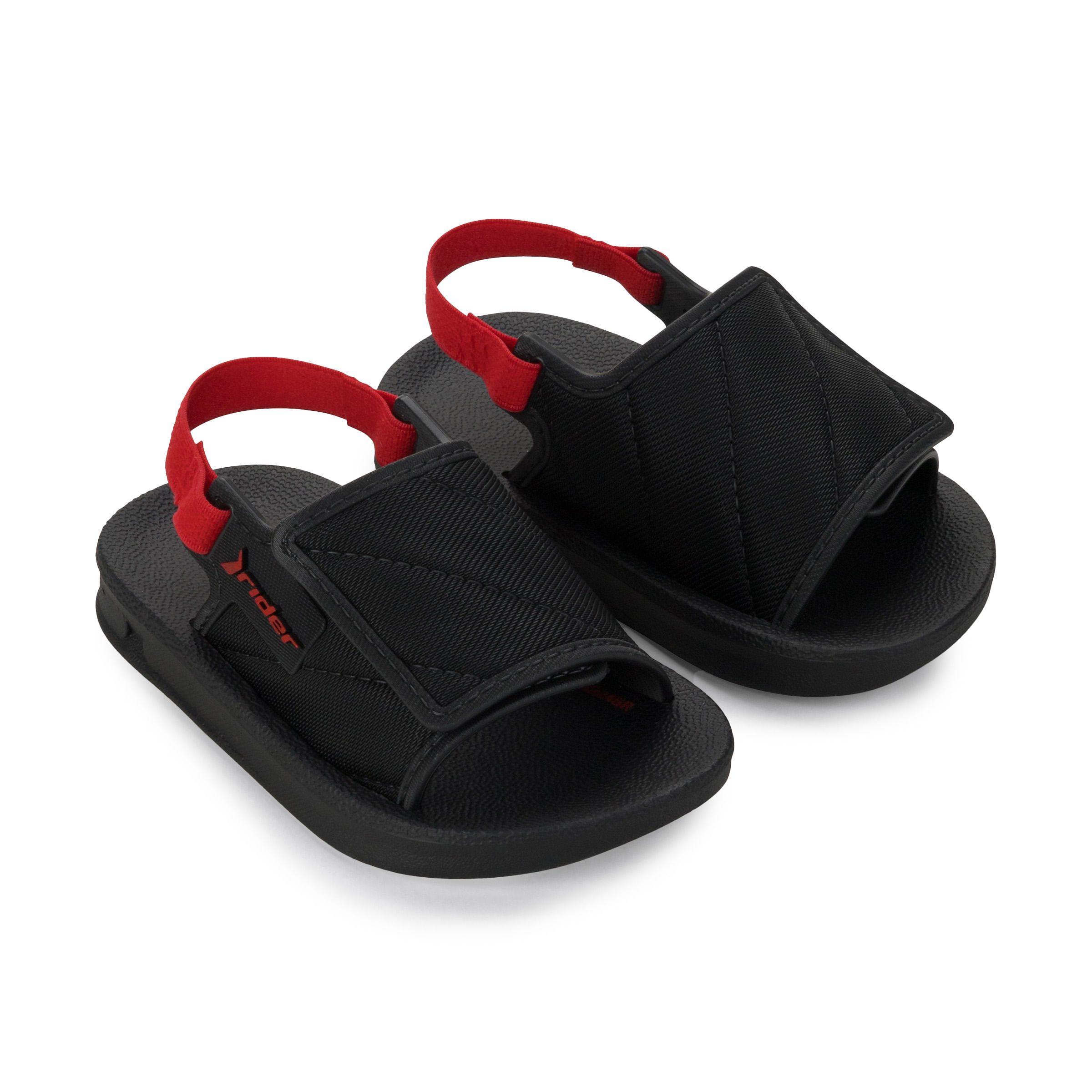 Par de chinelos Rider Kids Street preto com detalhes vermelhos, vista superior lado a lado