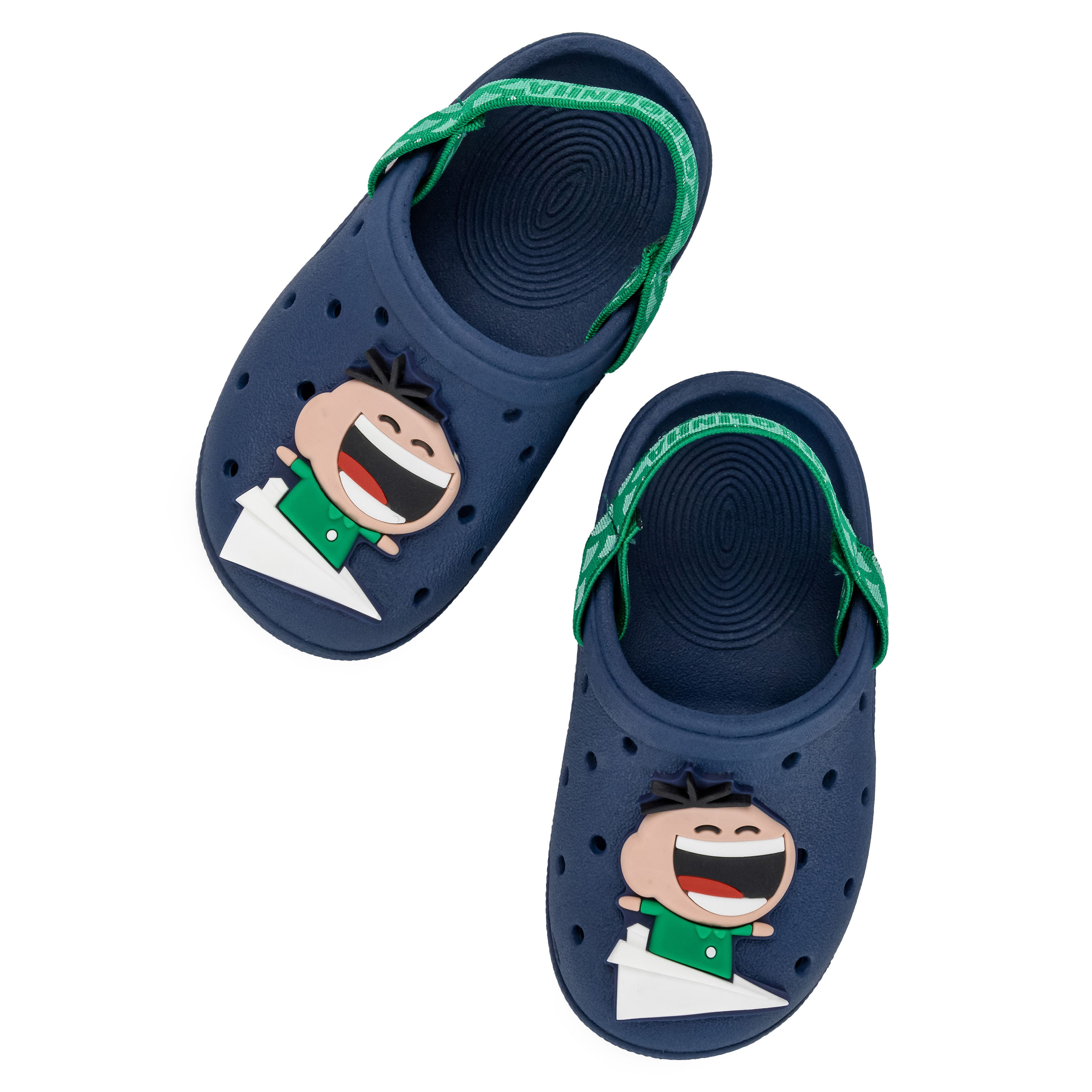 Vista lateral do babuche infantil azul marinho com personagem Cebolinha e tira verde ajustável