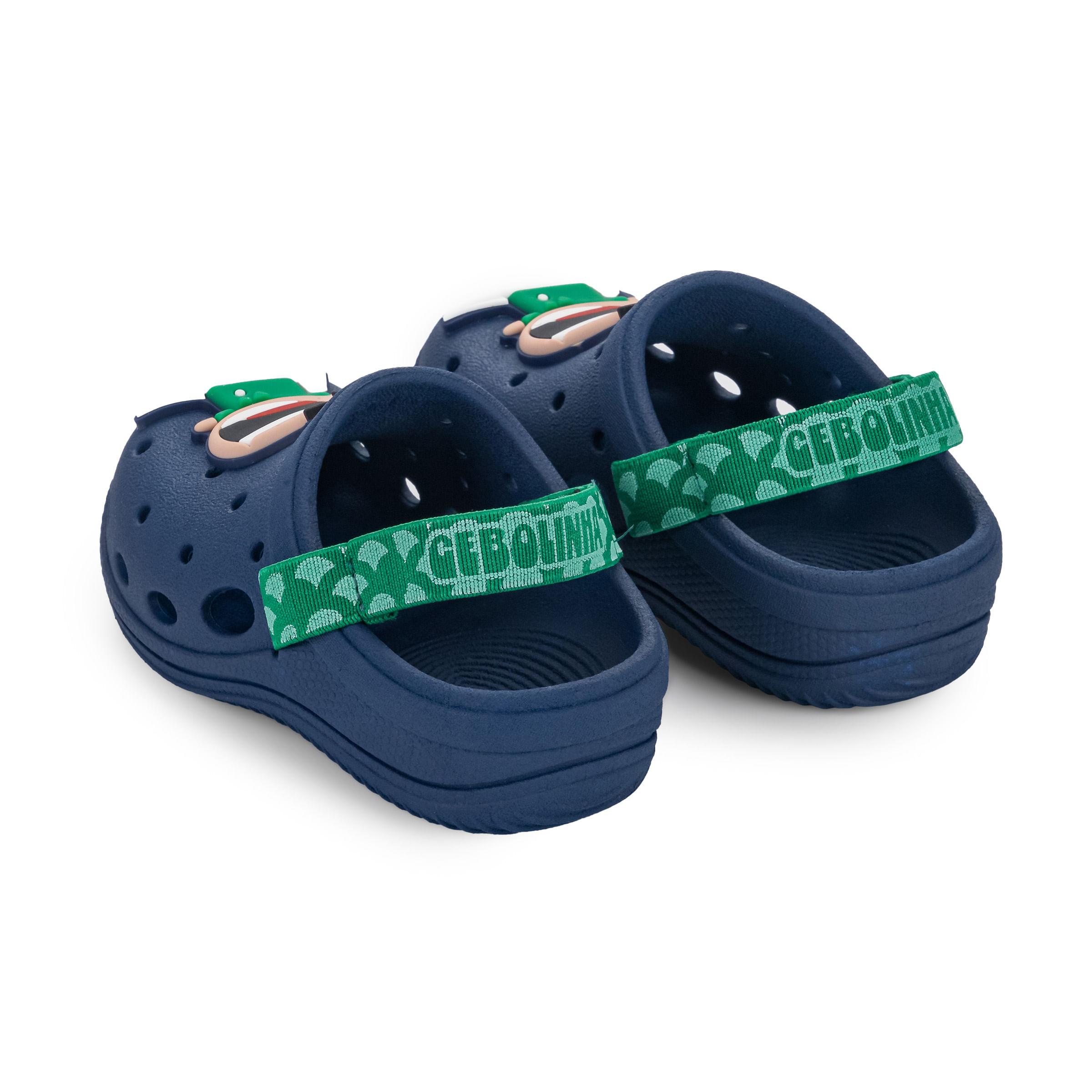 Babuche infantil azul marinho com estampa do personagem Cebolinha em destaque