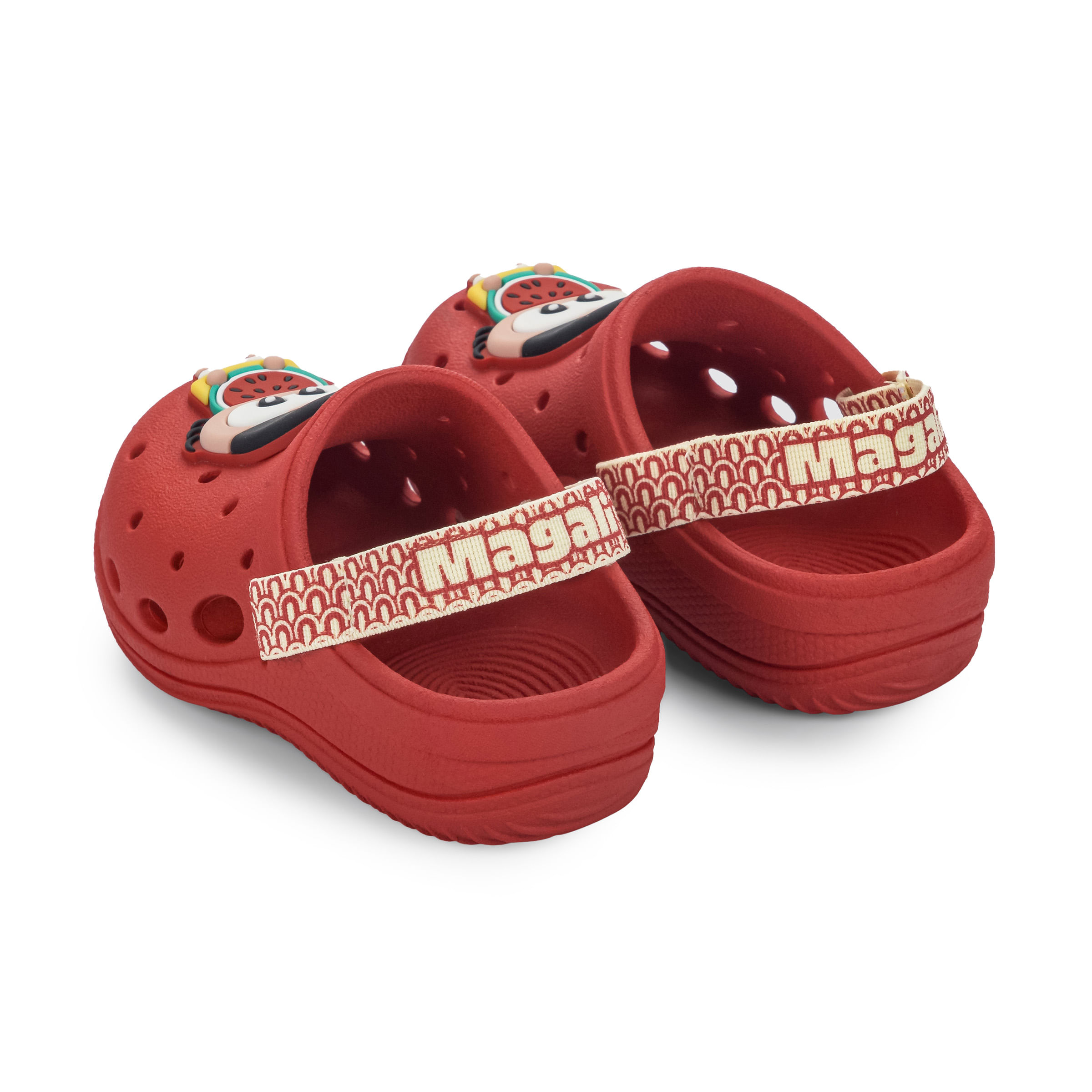 Babuche infantil vermelho com estampa da personagem Magali visto de frente, ideal para crianças.