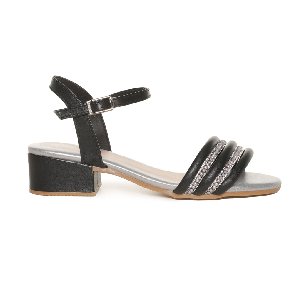 Sandália infantil feminina Pampili preta com salto bloco e tiras acolchoadas em napa com aplicações prateadas