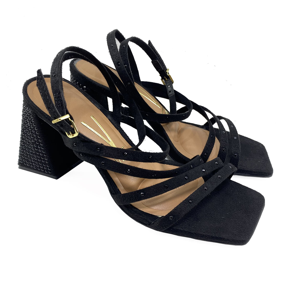 Sandália Vizzano Salto Bloco Trabalhado Camurça Preto Paquetá