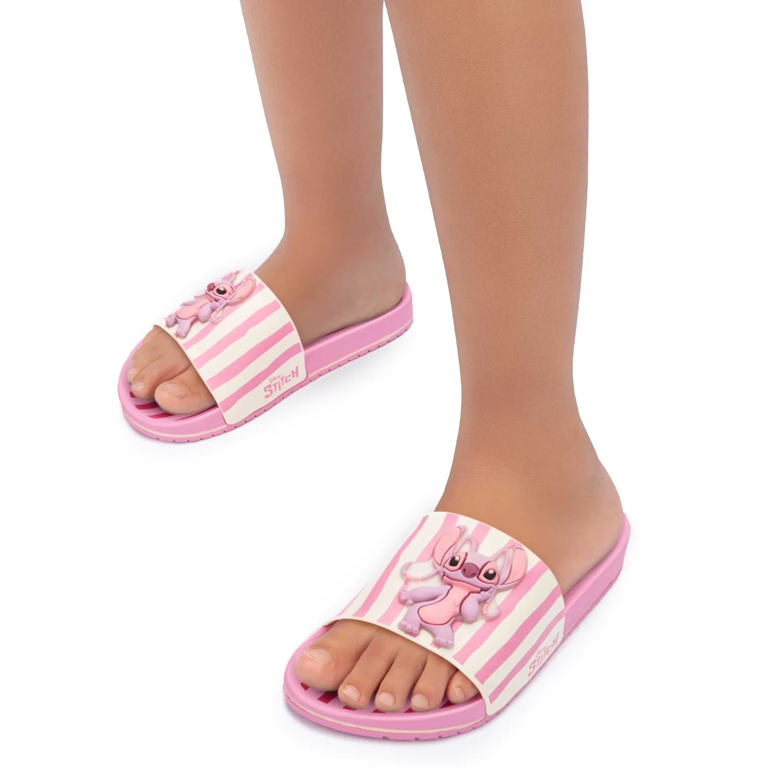 Chinelo infantil Grendene Disney Stitch rosa e bege com palmilha listrada e personagem Stitch 3D