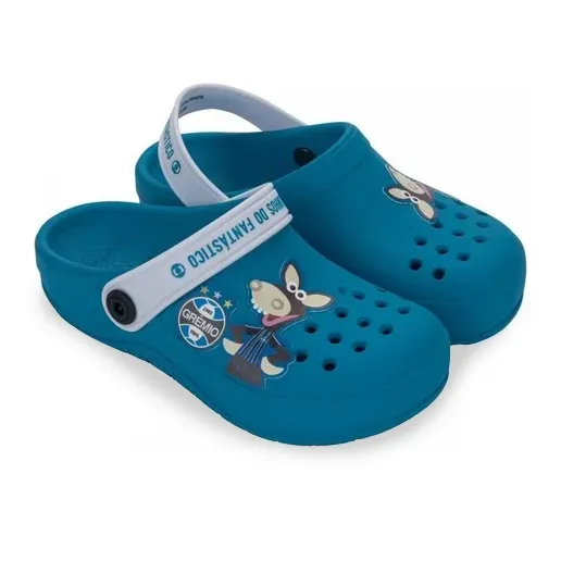 Babuche infantil Grendene azul com detalhes brancos, confortável e resistente para o uso infantil.