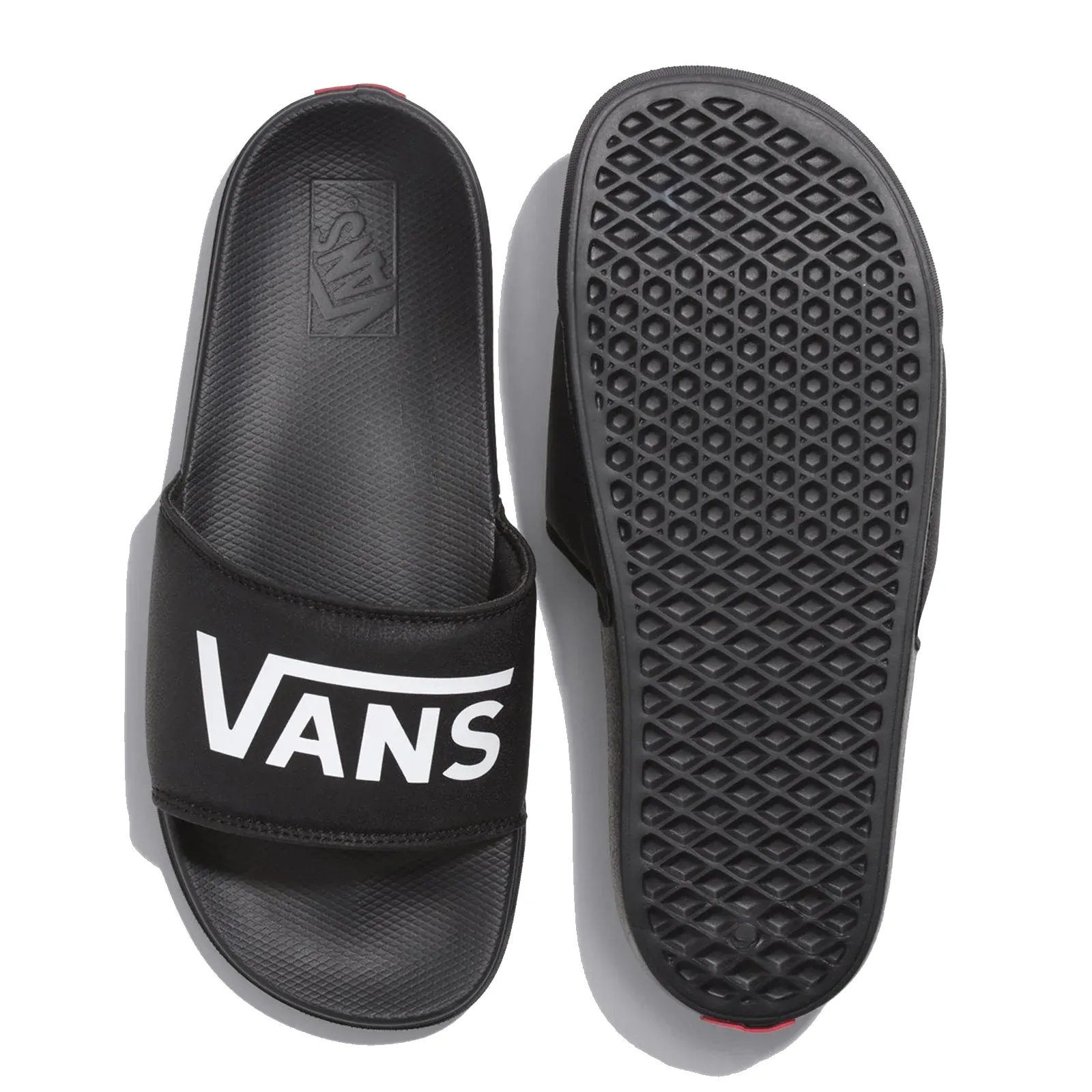 Vista superior e inferior do chinelo slide Vans preto mostrando sola antiderrapante