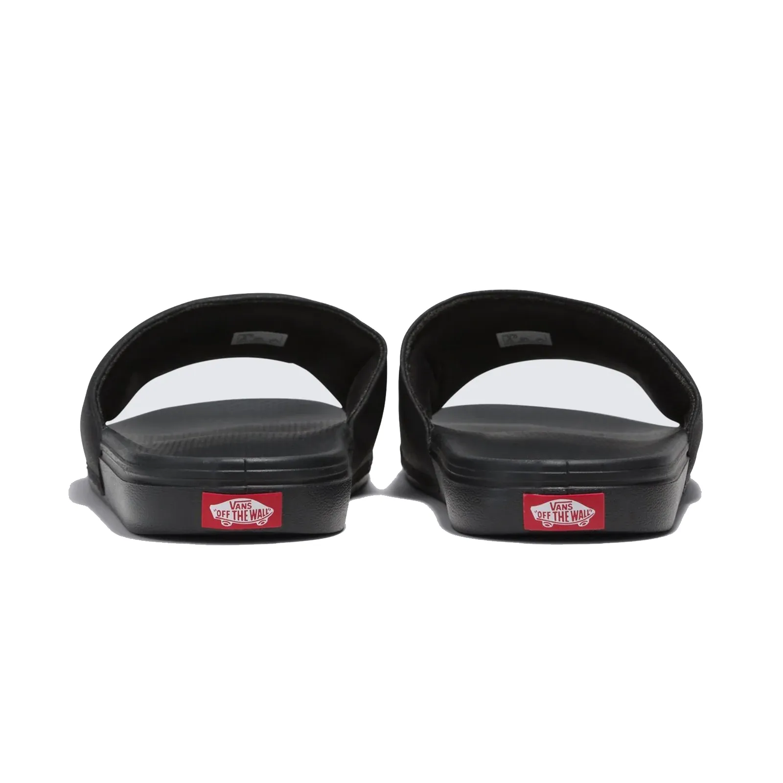 Vista traseira do chinelo slide Vans preto com logo vermelho Vans Off The Wall
